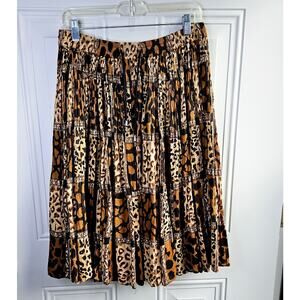 Vintage 24 Karat Pleated Skirt Brown Animal Print Cotton Elastic Waist One Size
